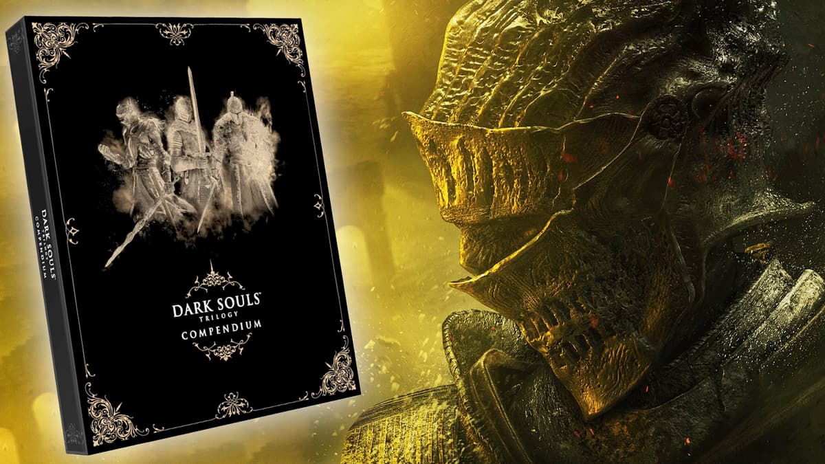 dark souls 3 key art with the compendium next to warrior's head