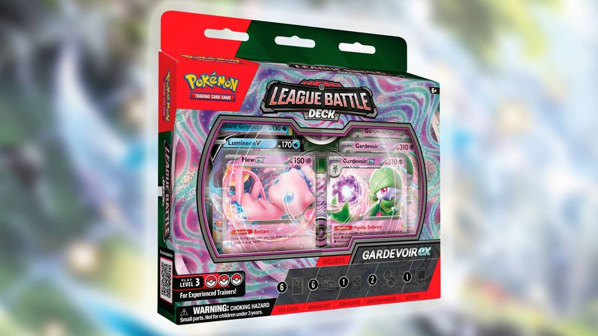 The Pokemon TCG Gardevoir ex League Battle Deck is shown against a blurred background