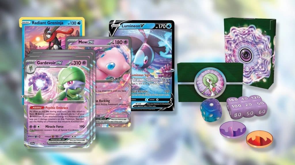 The Pokemon TCG Gardevoir ex League Battle Deck is shown against a blurred background