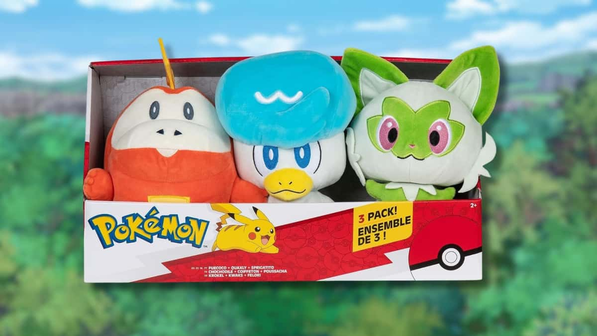 Trio of Pokemon Paldea starter plushies.