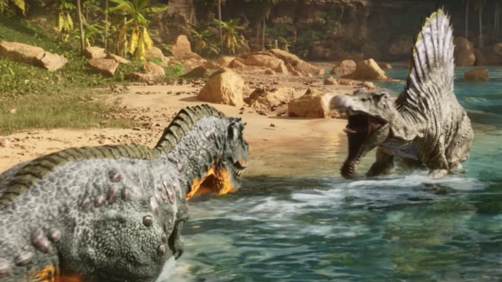 An image of two dinosaurs about to fight in Ark Survive Ascended.