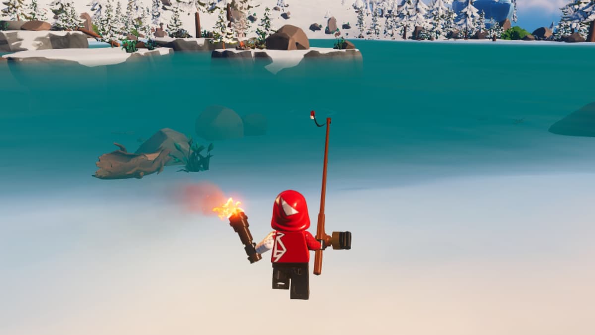 A screenshot featuring a Fishing Rod in LEGO Fortnite.