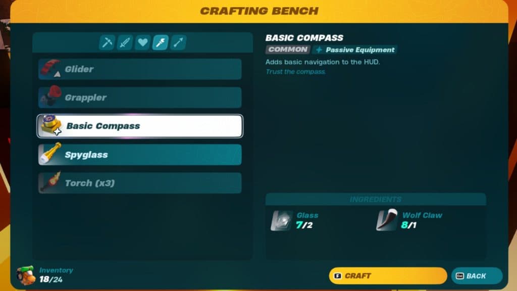 A screenshot of materials to craft a Basic Compass in LEGO Fortnite.