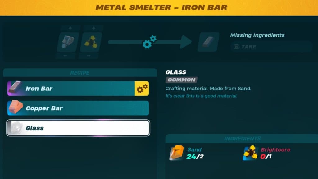 A screenshot of materials to craft Glass in LEGO Fortnite.