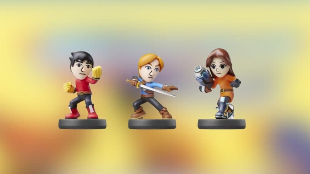 A custom image of the Mii 3 Fighter amiibo pack figures.