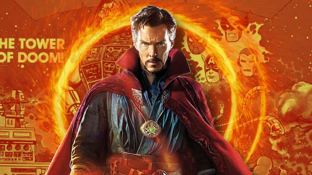 Doctor Strange in front of a Secret Wars comic.