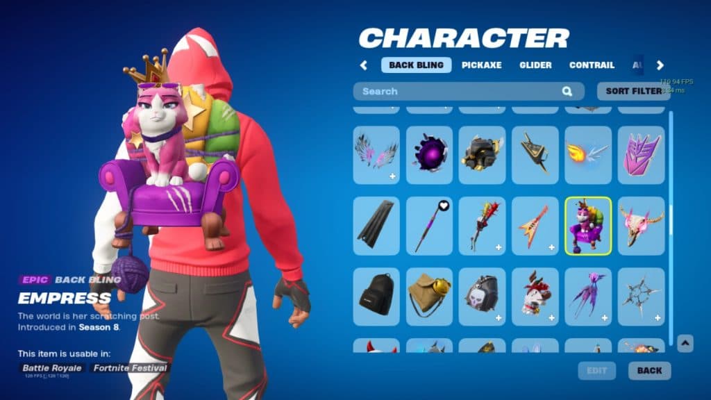 A screenshot featuring the Empress pet back bling in Fortnite.