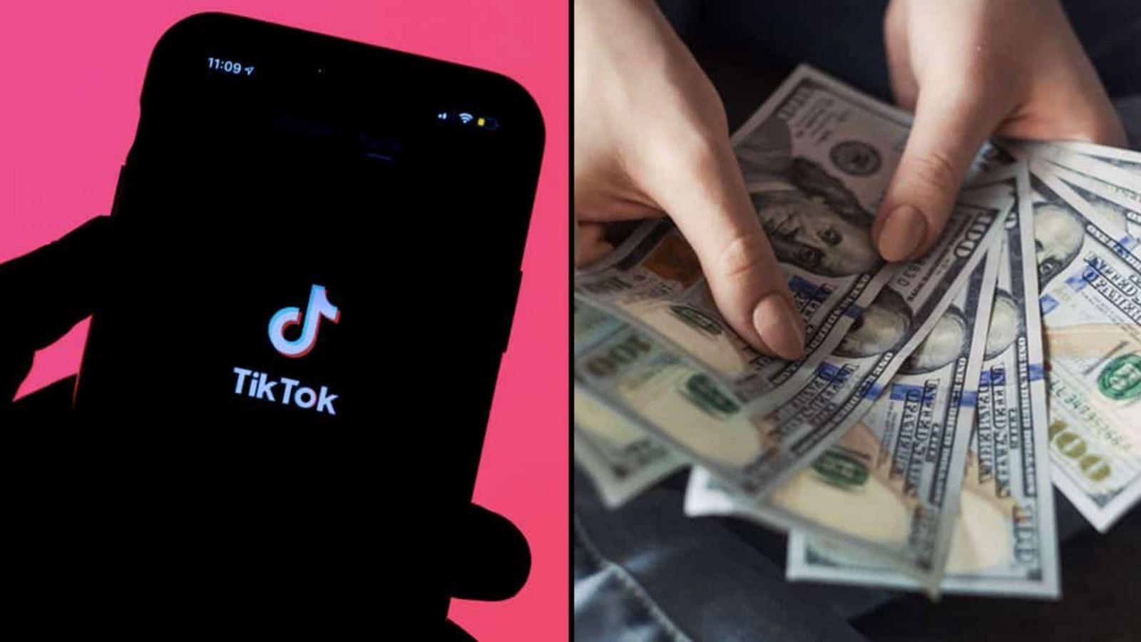 A phone with the TikTok logo and hand holding money