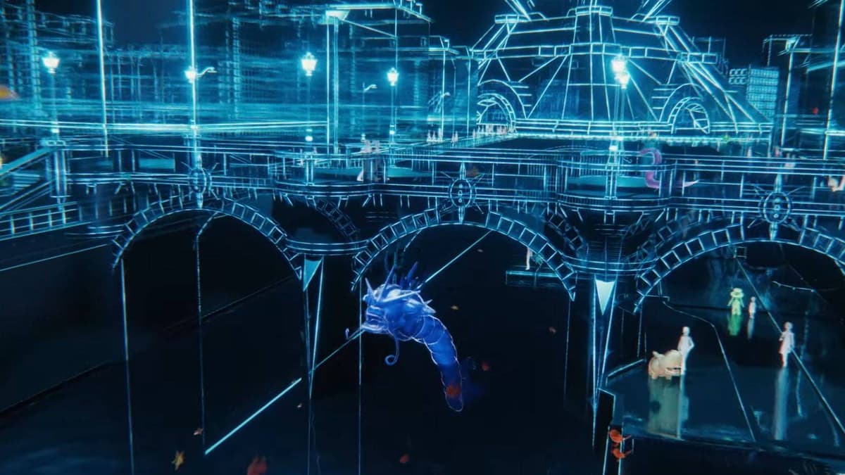 A wireframe image shows Gyrados swimming through Lumiose City