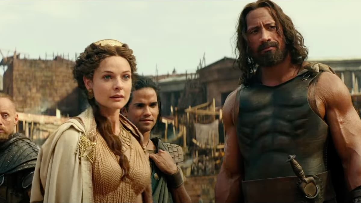 Rebecca Ferguson and Dwayne Johnson in Hercules 2014.