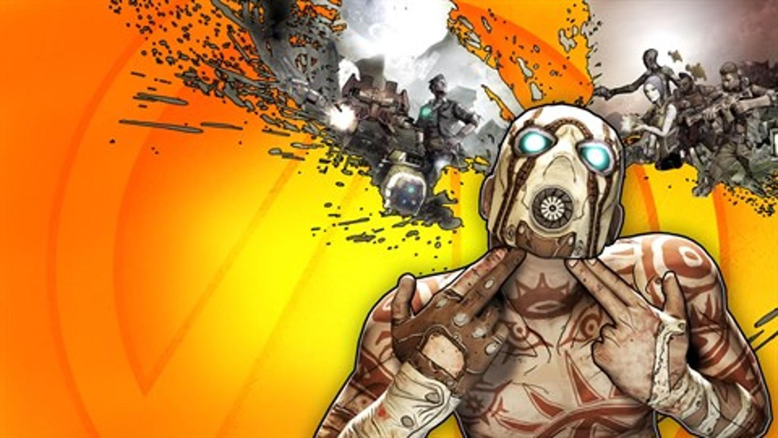 An image of Borderlands 2 keyart featuring a psycho character pointing finger guns at their throat.