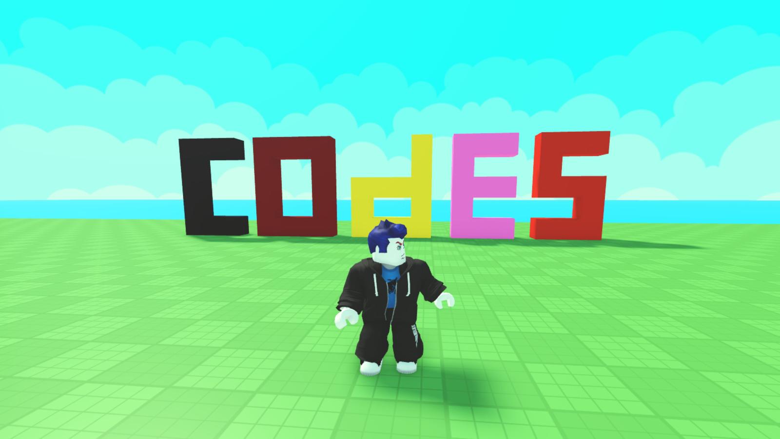 robloxian standing in front of Blocks structure that reads Codes