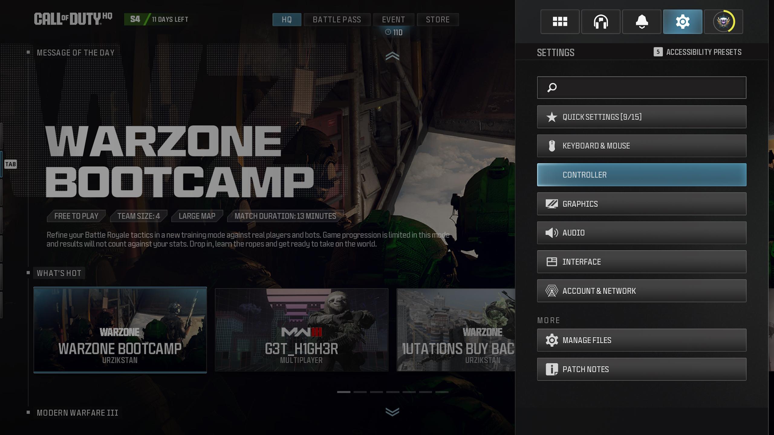 Controller settings UI in Modern Warfare 3.
