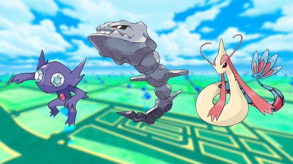 Milotic, Sableye, and Steelix key art