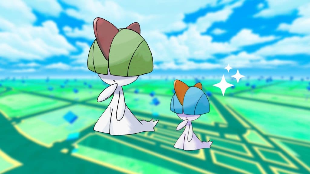 Ralts and Shiny Ralts on a Pokemon Go background