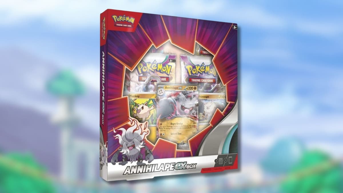 Annihilape Ex Box with Pokemon SV academy background.