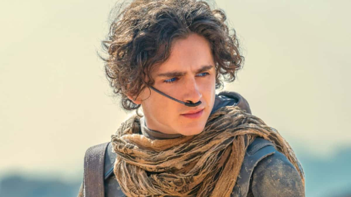 Timothee Chalamet as Paul Atreides in Dune 2 stands in the desert wearing Fremen equipment.