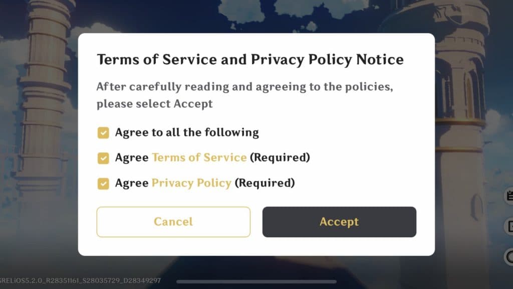 A screenshot of the terms of service in Genshin Impact.