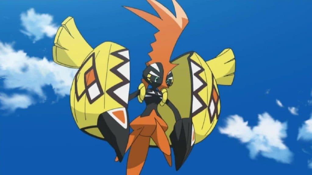 The Pokemon Tapu Koko floats in the sky