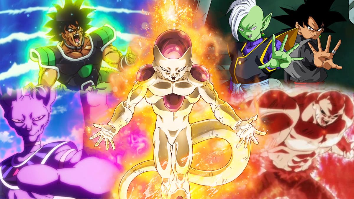 The dragon ball Super villains Frieza, Broly, Beerus, Zamasu, Goku Black, Jiren power up.