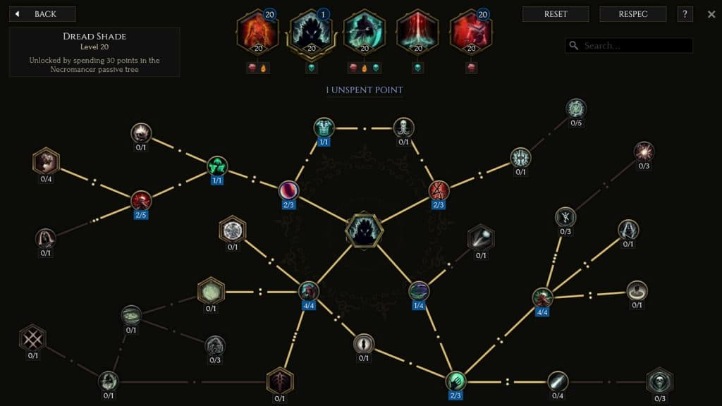 Dread Shade skill tree for the Necromancer in Last Epoch