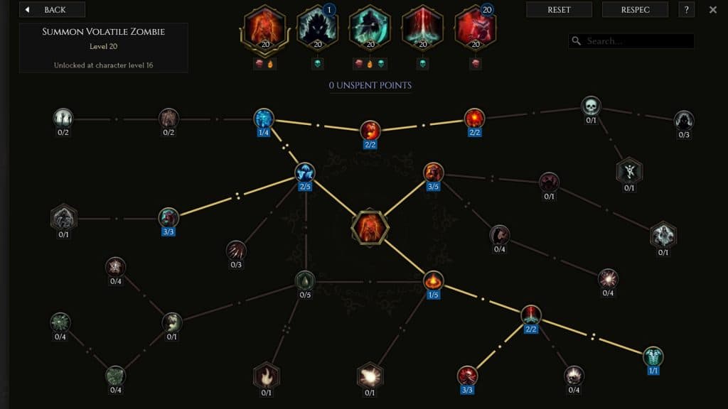 Summon Volatile Zombie skill tree for the Necromancer in Last Epoch