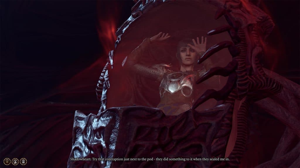 Screenshot of Shadowheart in a Nautiloid pod