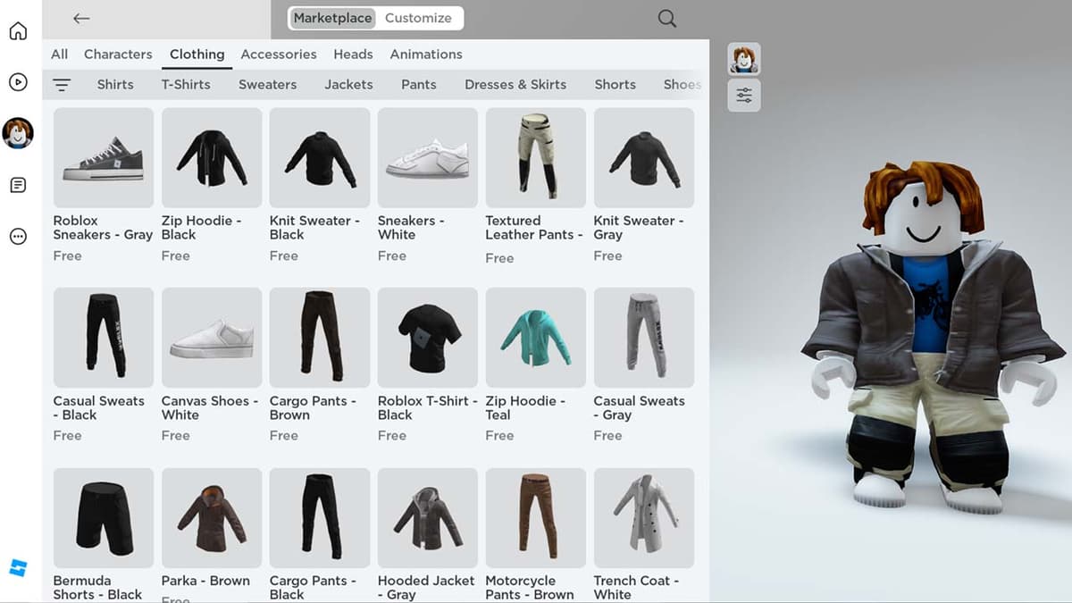 Roblox marketplace with many shirts and clothes