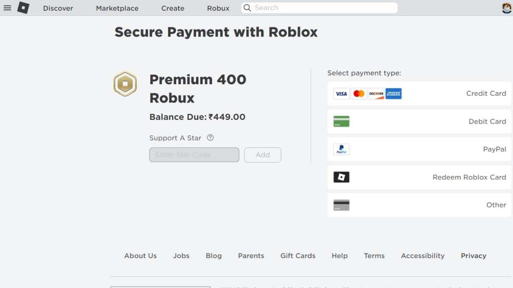 Screenshot showing how to redeem Roblox Star Codes on a browser