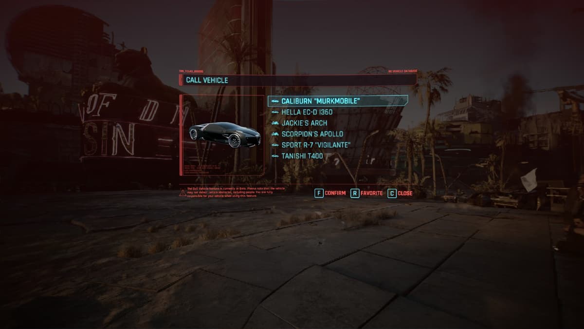 A screenshot of the player summoning the Rayfield Caliburn in Cyberpunk 2077.