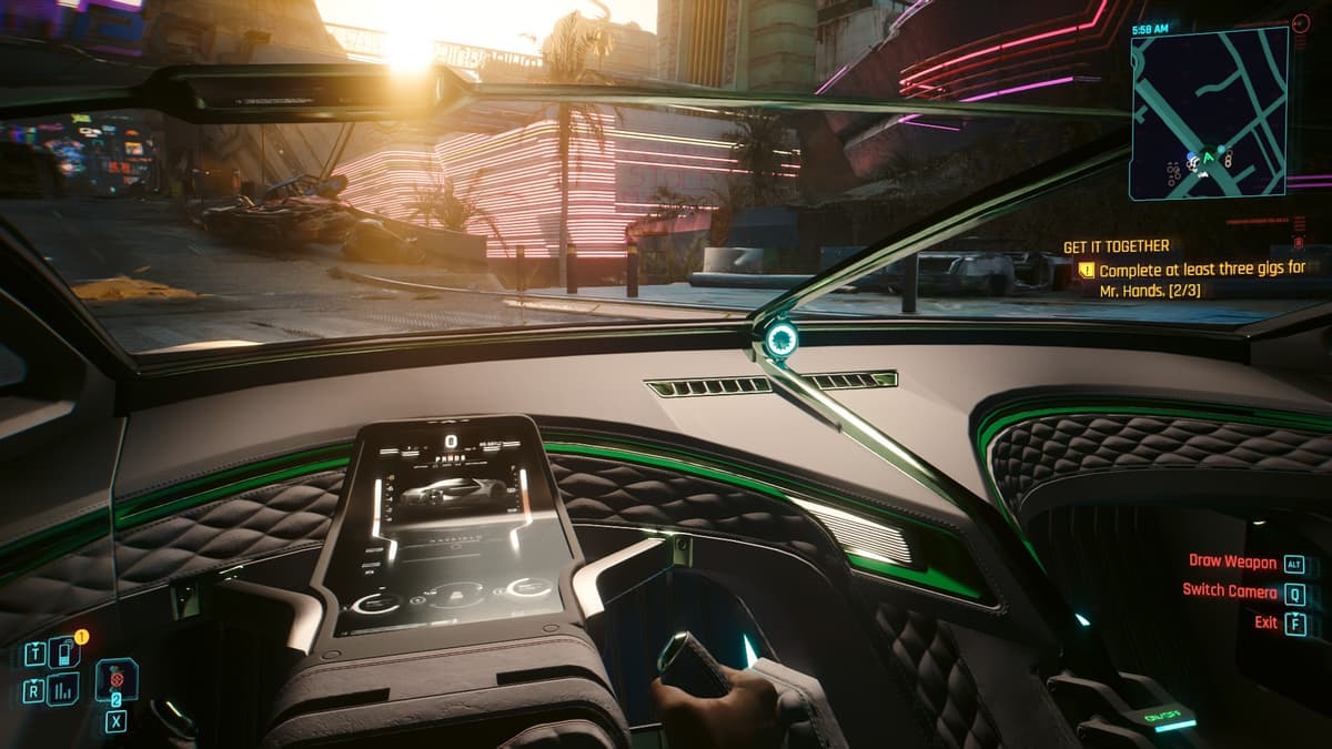 A screenshot of the Rayfield Caliburn being driven in Cyberpunk 2077.