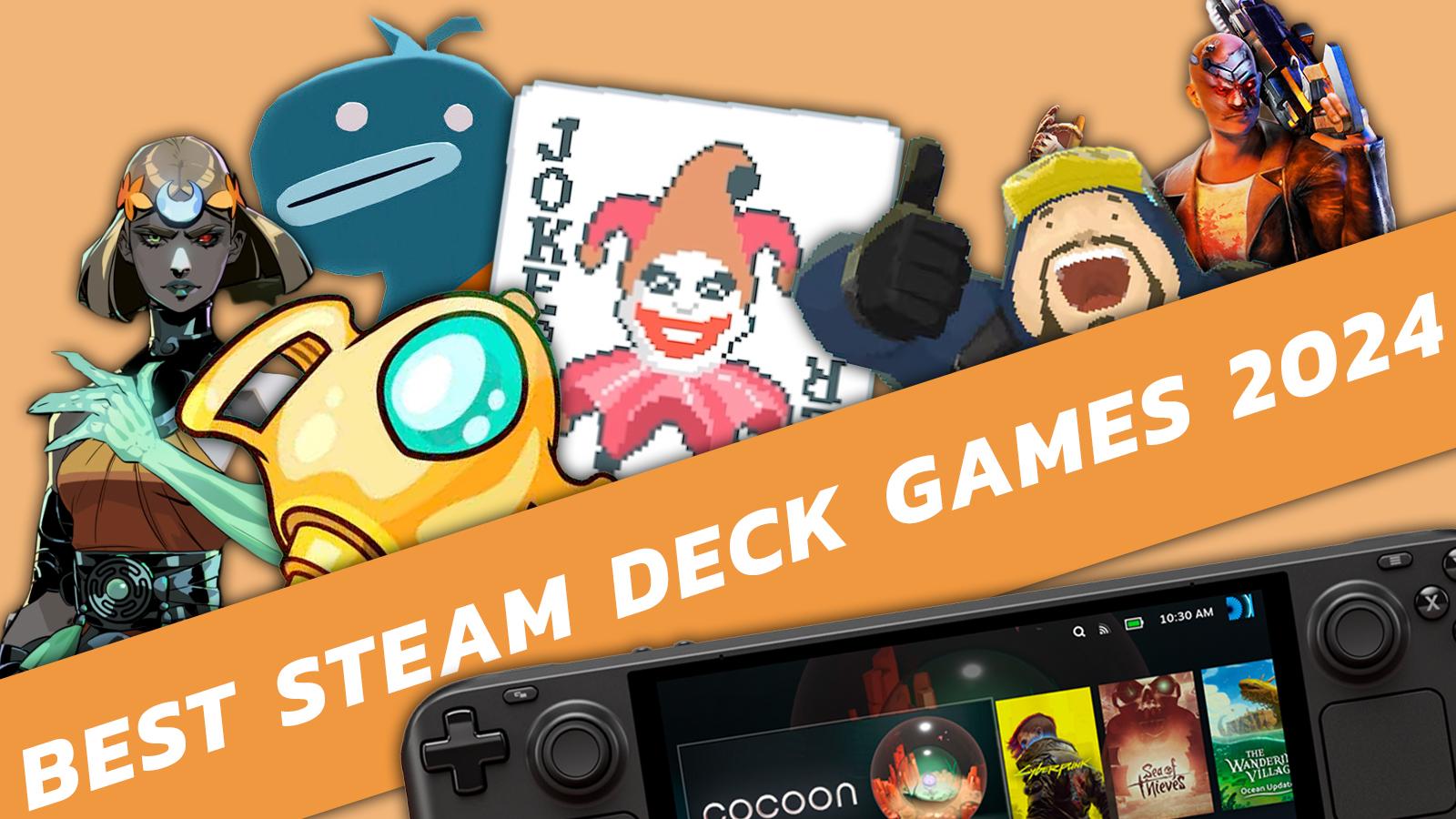 best steam deck games 2024 on an orange bar on a pale orange background. characters from the games discussed in the article are placed behind the orange bar.