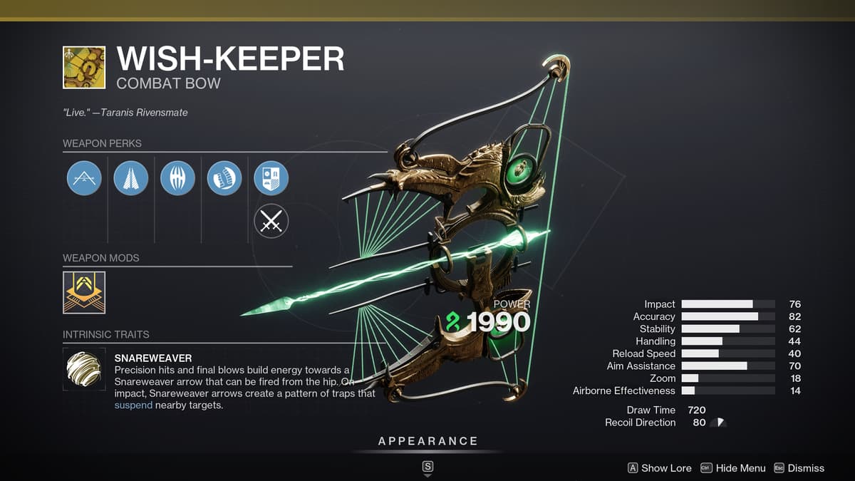 Screenshot of the Wish-Keeper exotic bow in Destiny 2.