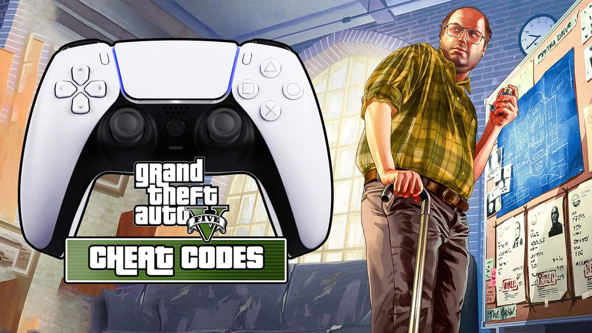 Image of a GTA character with a PS5 controller and the game logo with the word 'cheats' below