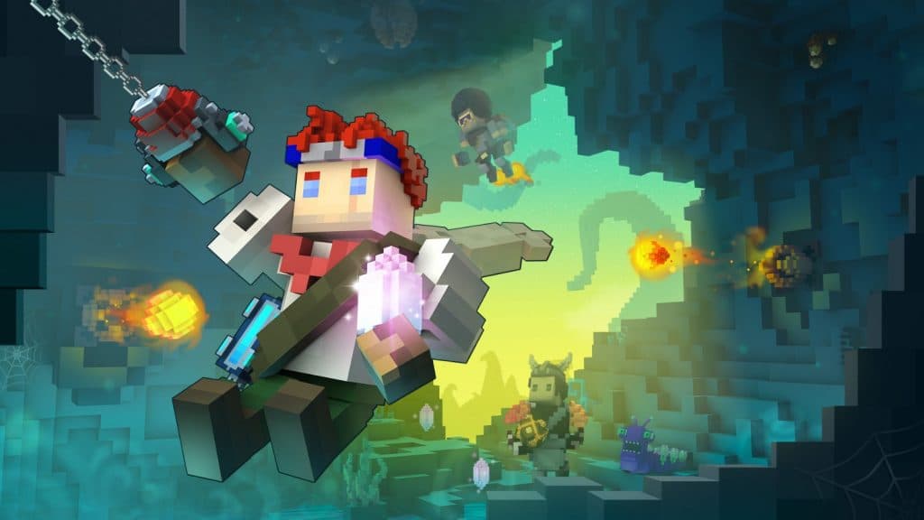 A player swings through the air in Trove