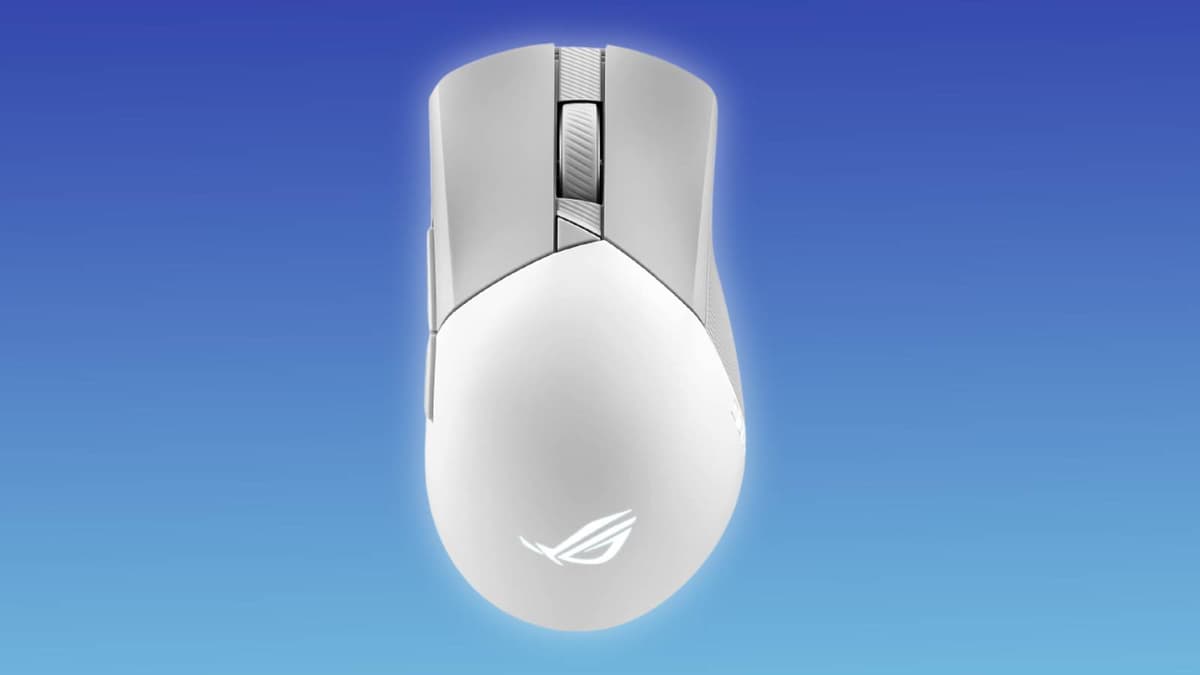 Image of the ASUS ROG Gladius III Wireless Gaming Mouse on a blue background.