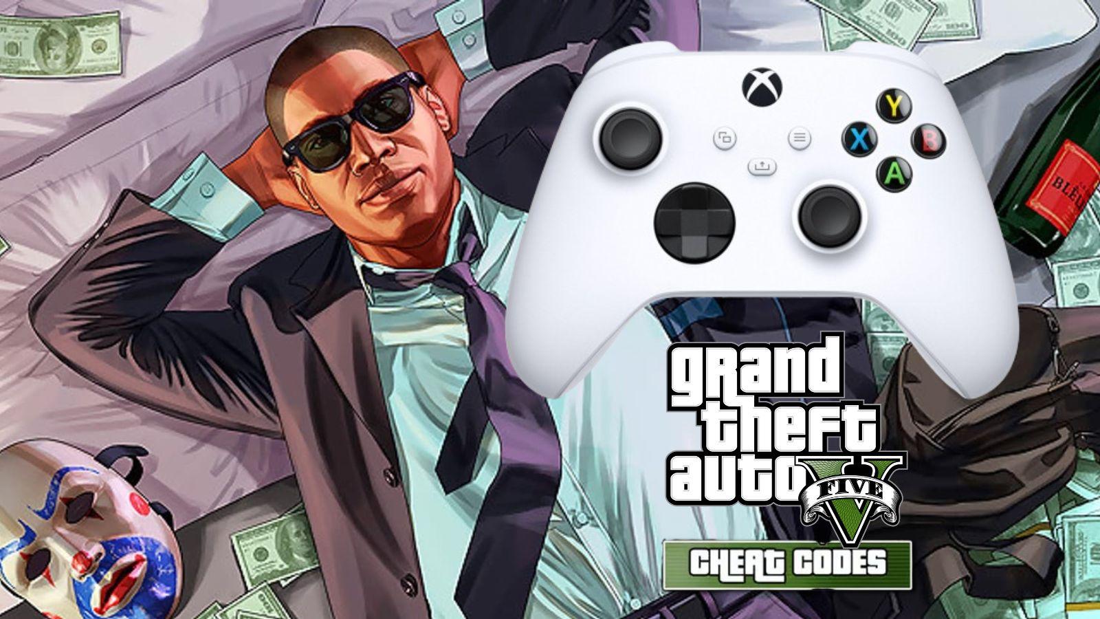 A custom image of GTA 5 keyart with an Xbox Series S/X controller and the game's logo on.