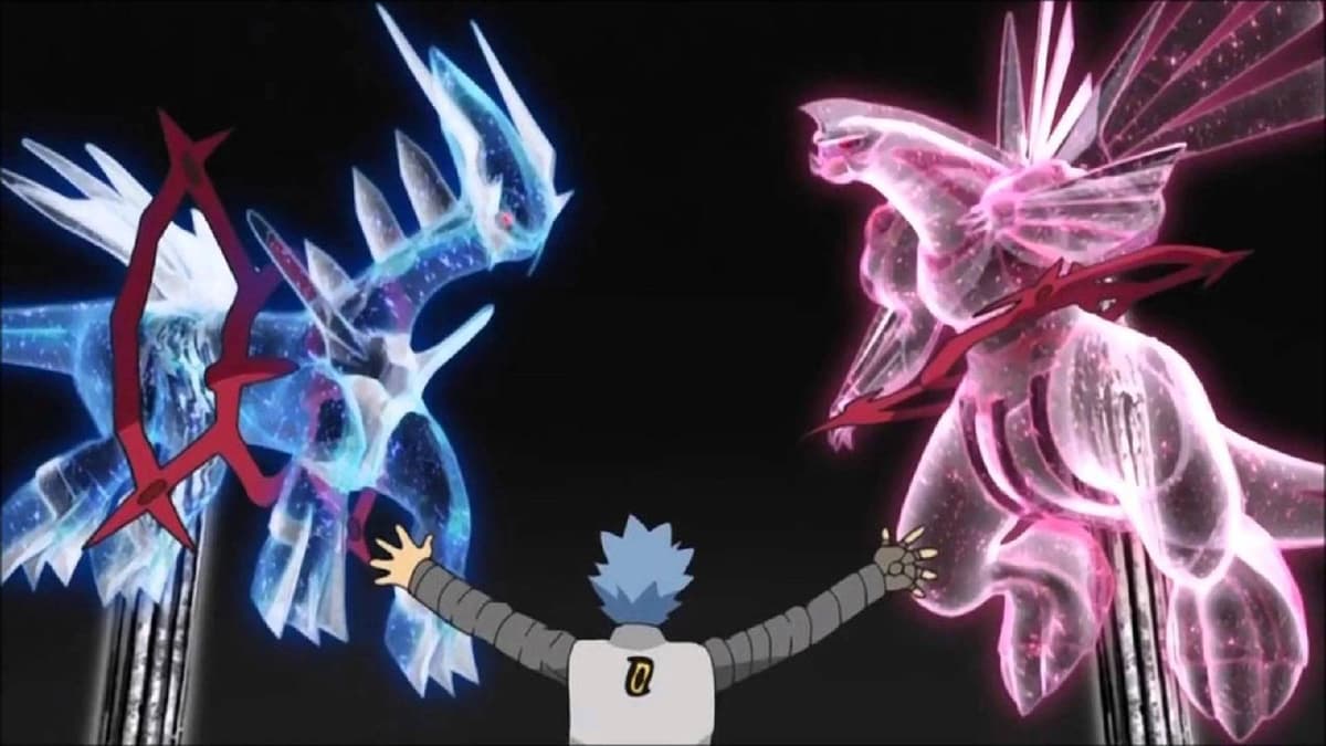 An evil Pokemon trainer holds up Dialga and Palkia