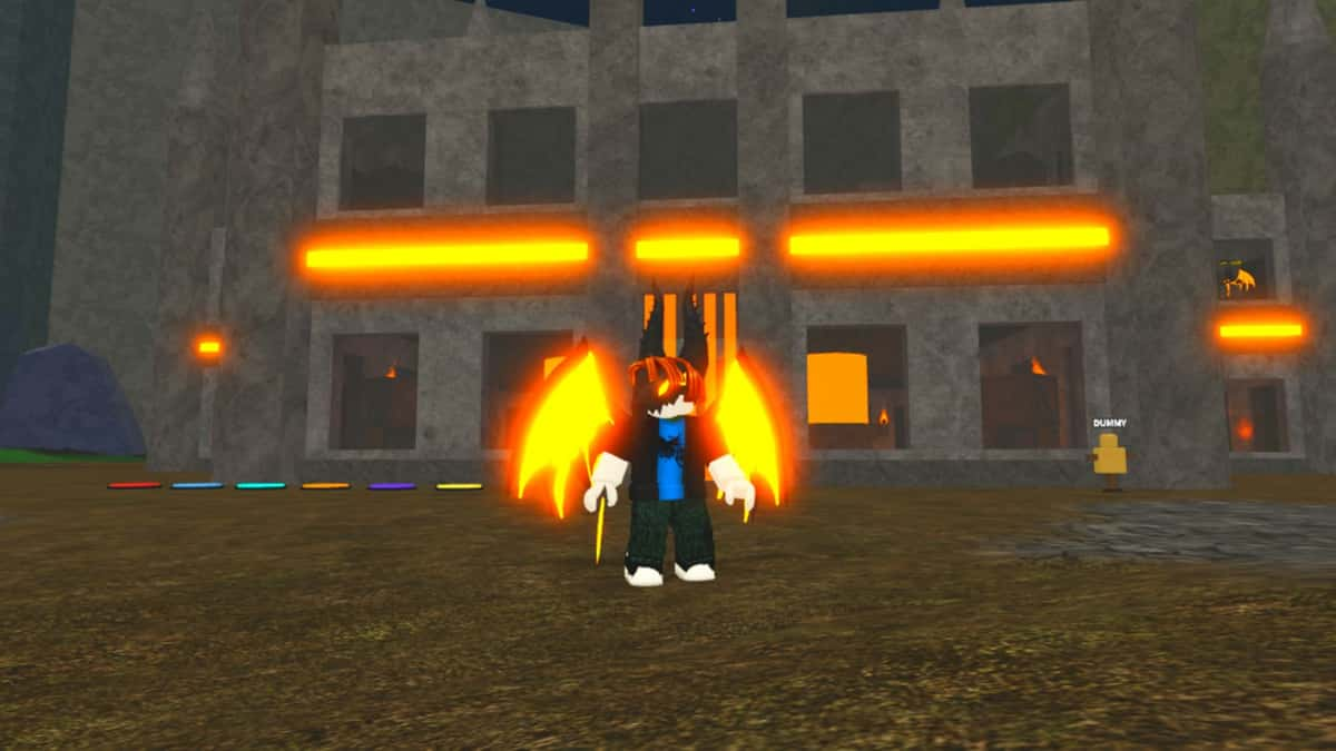 Player with a fire armor and weapon in Mage Tycoon