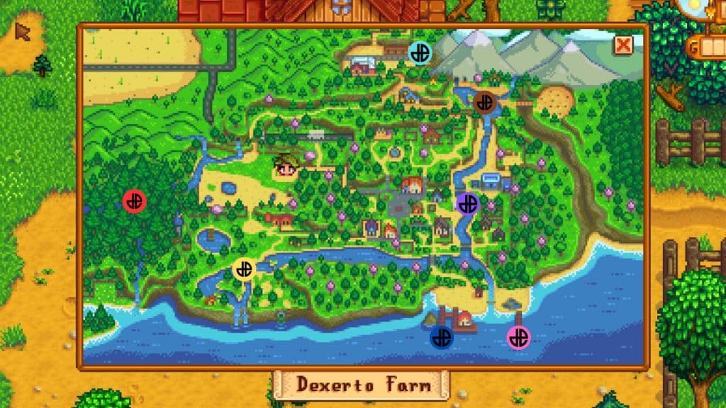 A map screenshot from Stardew Valley with custom map markers detailing Summer fishing locations.