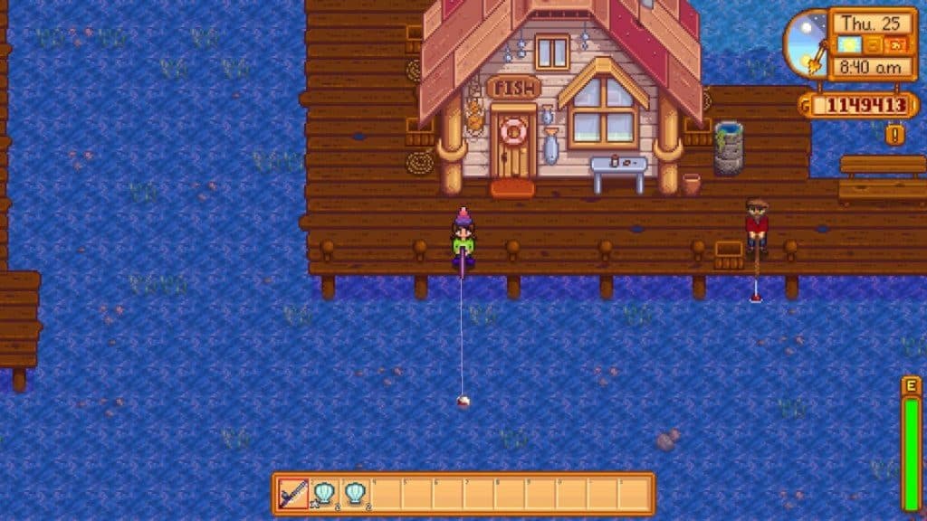 A screenshot of a player fishing in Summer in Stardew Valley.