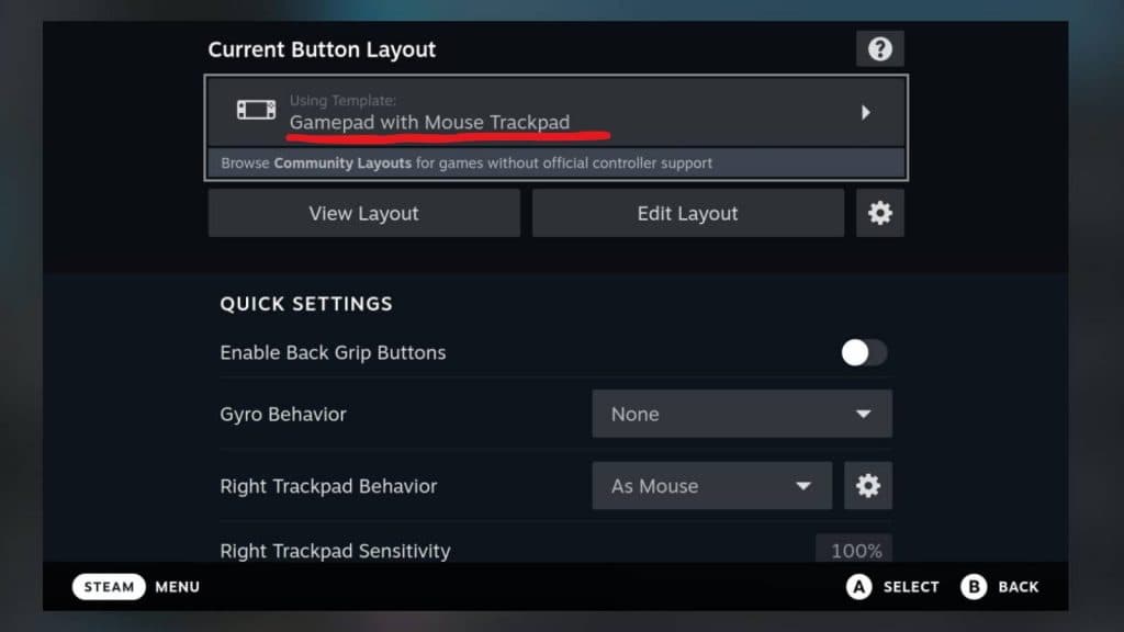 A screenshot of the controller layout options on Steam Deck.