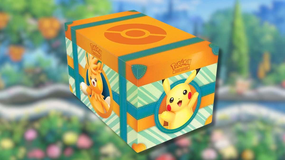 Paldea Adventure Chest with garden background from Pokemon anime.