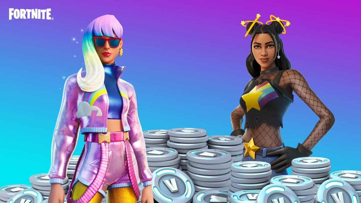 Fortnite skins next to a stack of V-Bucks