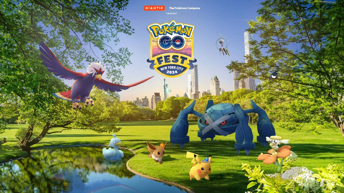 Promotional artwork for Pokemon Go Fest 2024 shows several Pokemon walking around a New York park