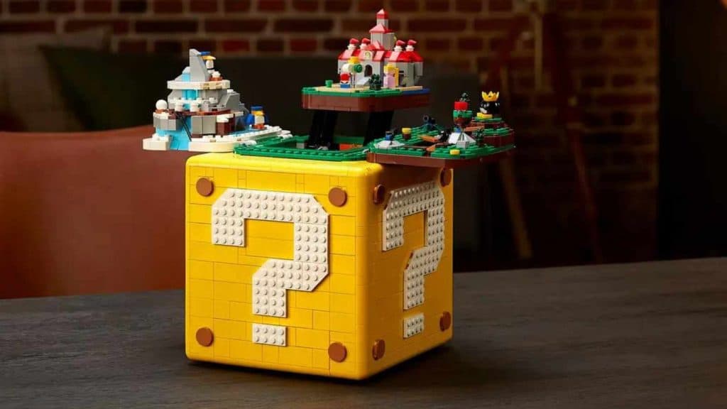 The LEGO Super Mario Super Mario 64 Question Mark Block on display