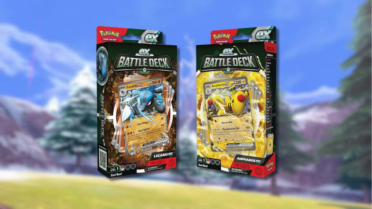 Pokemon ex Battle Decks on game background.