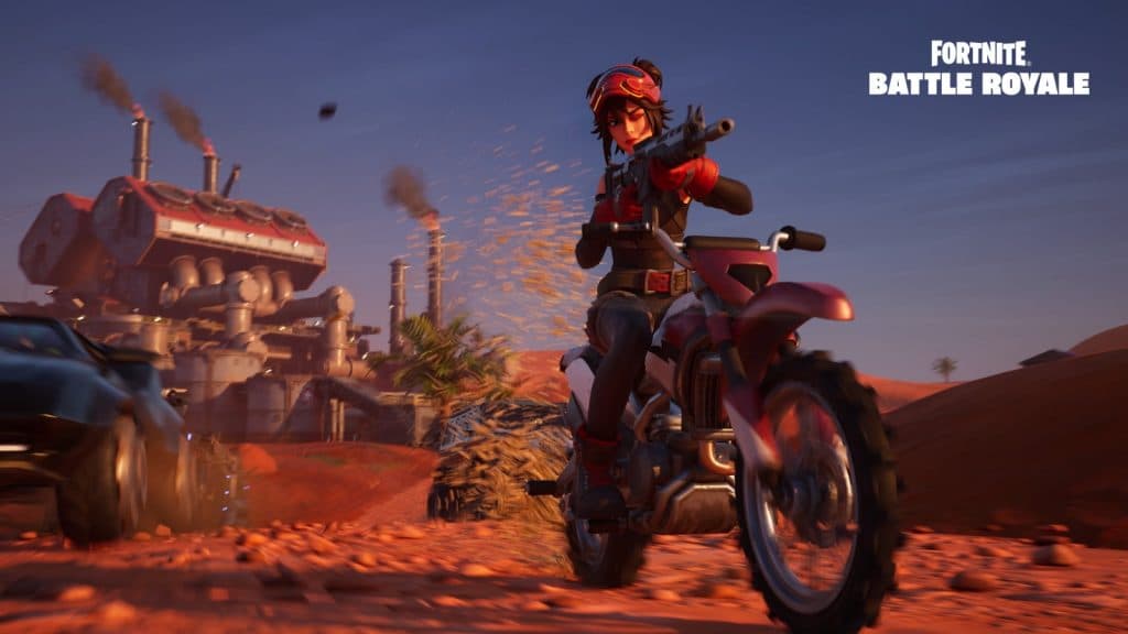 Joueur de la saison 3 du chapitre 5 de Fortnite se battant sur une moto tout-terrain