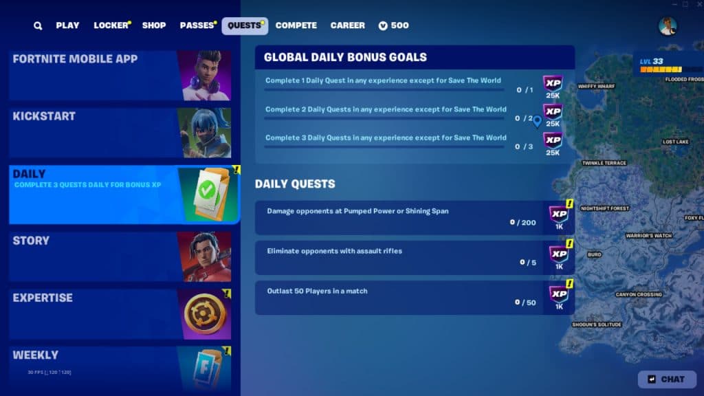 Fortnite Daily Quests in Chapter 6 Season 1.