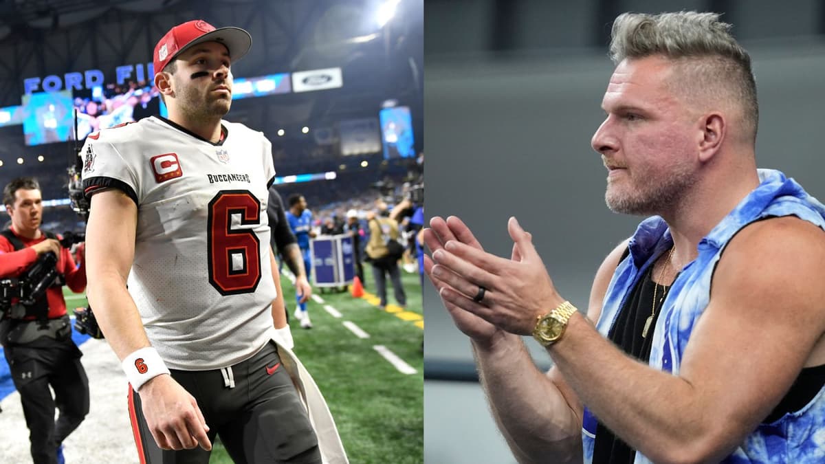 Baker Mayfield as a member of the Tampa Bay Buccaneers (left) and Pat McAfee (right).